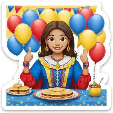 party table decorated with red blue and yellow colors, including backdrops, balloons, streamers and more, on the table are intricate displays of colombian arepas, and in the forefront a woman in traditional colombian dress with a smile and big thumbs up sticker