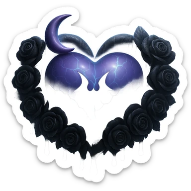 Add a glowing aura around the gothic heart, keeping the prominent black roses, purple glass, crescent moon with dripping effect, faint lightning, much more rain and thick mist, cracked glass with misty glow. The style should resemble 3D emoji style. Remove the background. sticker