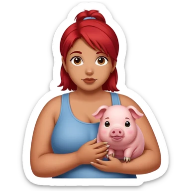 Thick girl with red and black split dye  red hair on left and black hair on right holding her pet pig sticker