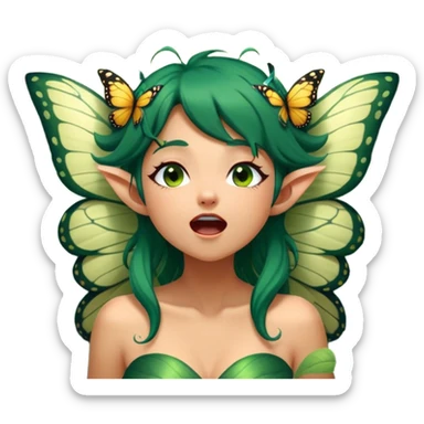 Cinematic Realistic Forest Fairy Portrait, head tilted slightly with a dramatic, wide-open yawn, revealing a tender, relaxed visage with finely detailed tanned skin and flowing, vine-adorned dark green hair gently framing her face. Her sleepy eyes exude a serene, dreamlike quality as soft natural sunlight filters through the canopy, showing her large butterfly wings from her back capturing the essence of a drowsy yet captivating forest drifting into peaceful slumber. sticker