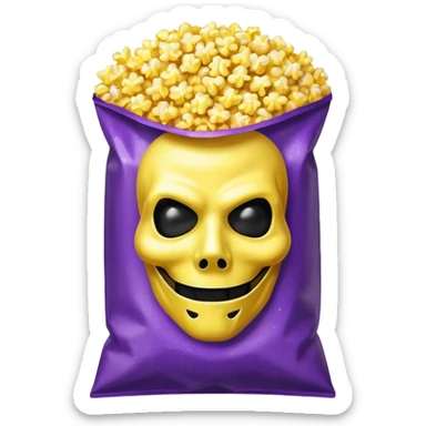 Glitter purple and yellow popcorn with ghostface mask in packaging sticker