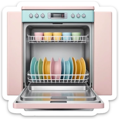 claymation style dishwasher with open door and clean dishes inside, pastel colors, visible fingerprints, soft matte finish sticker