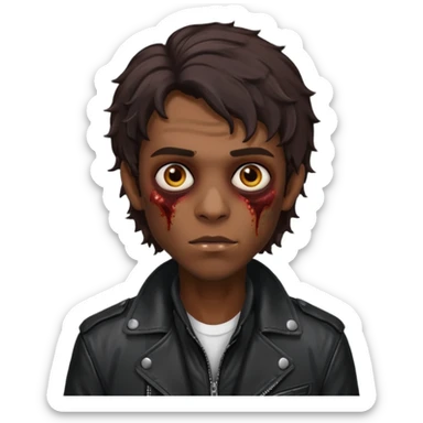 это должен быть юноша, одет в черную кожаную куртку, глаза цвета хамелион, но более коричневые, выглядит как зомби и еще средней длинны волнистые кудрявые волосы темно коричневого цвета, также добавь темный оттенок на задней фон sticker