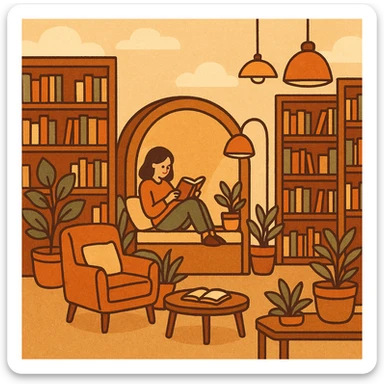 modern bookstore with cozy reading nooks, modern furniture, plants, stylish lighting, trendy vibe sticker