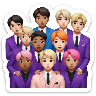 Cinematic Realistic group portrait of BTS featuring all 7 members in stylish modern attire, with detailed facial expressions and vibrant colors, captured in dynamic, contemporary lighting that emphasizes their global pop icon status sticker