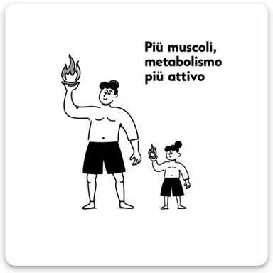 Schema didattico: muscolo evidenziato con icona di fuoco (metabolismo), accanto muscolo piccolo con fiamma debole, testo in italiano: “Più muscoli, metabolismo più attivo”. sticker
