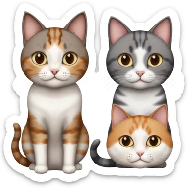 3 different coloured short haired cats including; a dark brown tabby and white cat, and a dark grey and white  sticker