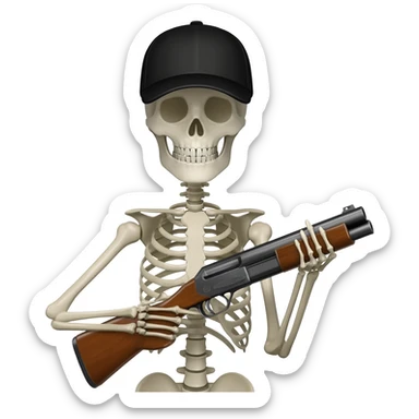 A skeleton wearing a black baseball cap holding a shotgun at you sticker