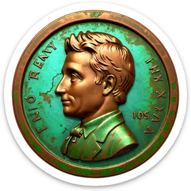 3D render of Old Penny, heavily oxidized copper texture, verdigris patina, Brown coin turning green on edges, weathered bronze aesthetic, ancient decay, Apple emoji style, isolated on white background --v 6.0. sticker