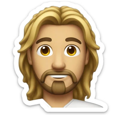 Men with long, tied hair and a goatee sticker