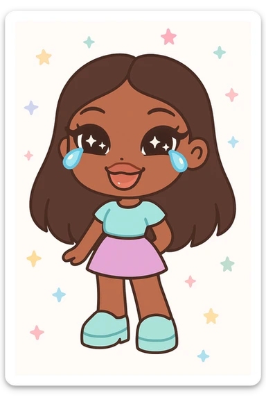 anime style character with dark skin and dark hair, Bratz-inspired, tears of laughter, big expressive eyes, glossy lips sticker