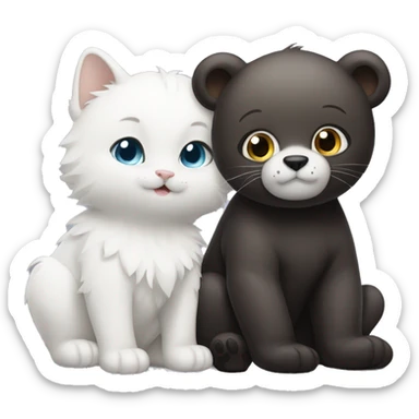 A bear cub with a white cat with black ears and forehead  sticker