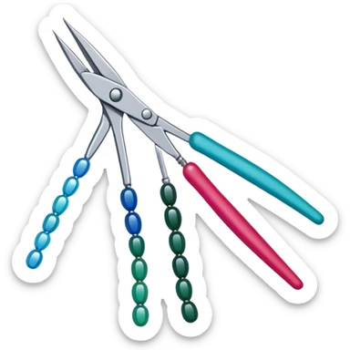 Beading icon, intricate beaded jewelry or decorative item in progress, visible beads, thread, and needle, tools like pliers and scissors, minimalistic style, clean lines, transparent background. sticker