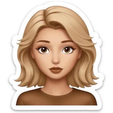 “A cozy, warm-toned emoji girl with soft bronzy eyeshadow, fluffy brows, caramel shimmer, glossy nude lips, light contour, and tousled hair — latte-inspired look.” like belle hadid sticker