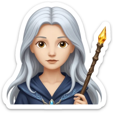 White silver Long Haired Women, Sorceress with staff — flowing white hair, calm face. sticker
