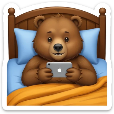 Grizzly bear laying in bed on his phone  sticker