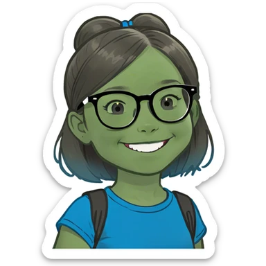 Little Girl, white skin, bronze hair smile tutor black frame glasses, bright blue t shirt sticker