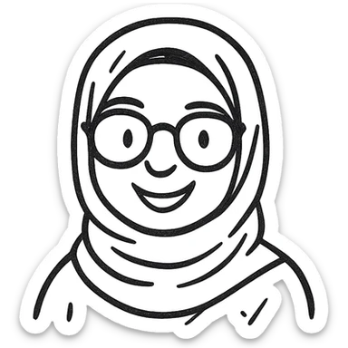 black girl, hijab, glasses, friendly expression, hand drawn icon style, no background sticker