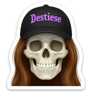 Create a skeleton head wearing a black baseball cap that says "Destinee" in lavender lettering, with long brown hair sticker