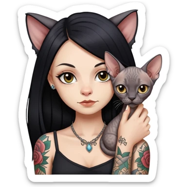 white girl with long black  straight hair and tattoos and  a Devon rex sticker