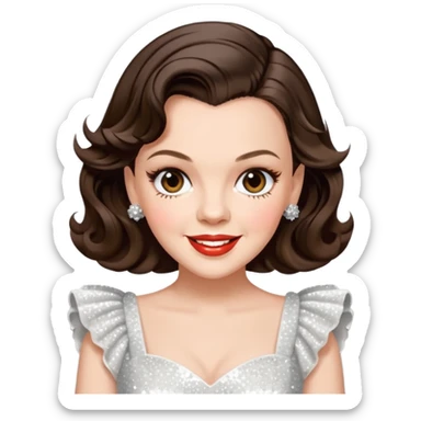 Judy Garland with long dark brown hair, white sequin dress sticker