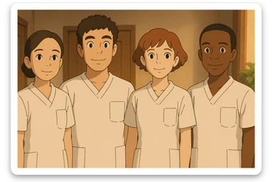 Four nursing students standing side by side, inspired by four referenced faces, in Ghibli style, wearing short-sleeved white medical uniforms without collars, no undershirts or stethoscopes. The tops are medical tunics with V-neck collars and a left chest pocket. Warm indoor ambiance. sticker