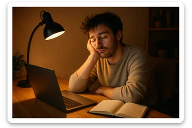 tired blogger with a laptop, head resting on hand, sleepy expression, open notebook, cozy workspace, soft lighting sticker