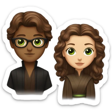 anakin with glasses and padme with green eyes, long brown hair sticker