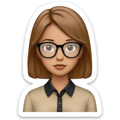 Female with medium length light brown hair wearing collar shirt and black glasses sticker