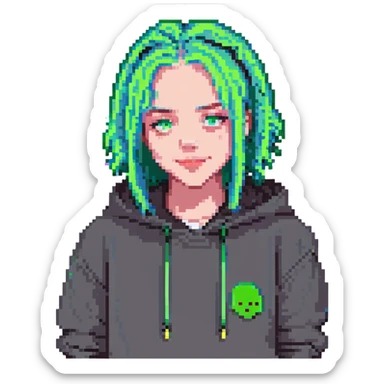 pixel art of Billie Eilish with neon green hair, hoodie, small smile, pop singer sticker