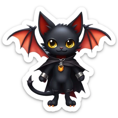 Cute edgy cool beautiful realistic vampiric dark eldritch fantasy Litten-Fakémon-Digimon with bat-wings as ears full body, cloak, choker collar, harness, leg straps sticker