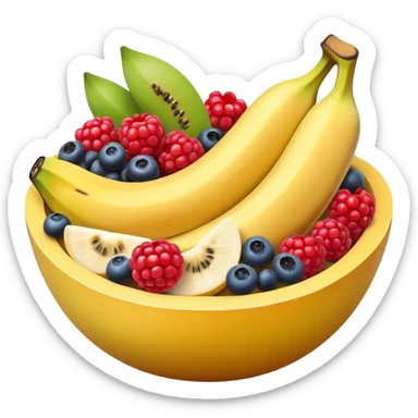 Fresh fruit bowl with berries, banana, and melon sticker