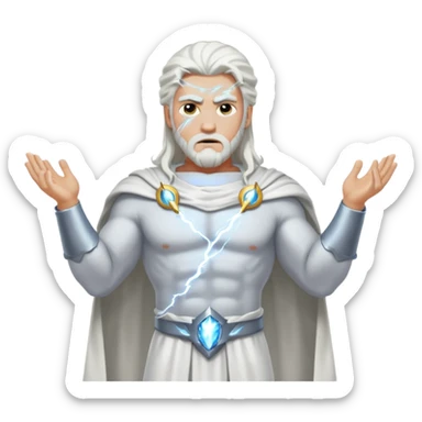 Zeus, whole body, white clothes, long white  hair, lightnings, determined face sticker