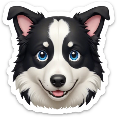 Cinematic Comical Black and White Border Collie Portrait Emoji, Head tilted dramatically with an exaggeratedly shocked or offended expression, featuring a striking black and white coat and wide, expressive blue eyes filled with exaggerated disbelief, Simplified yet hilariously expressive features, highly detailed, glowing with a slightly sassy glow, high shine, dramatic yet playful, stylized with an air of attitude, bright and endearing, soft glowing outline, capturing the essence of a sassy and over-the-top herder, so meme-worthy it feels like it could side-eye its way into internet fame instantly! sticker
