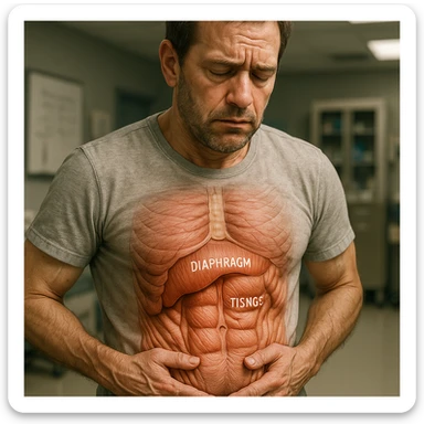 man with diaphragm blocked due to stress, hyper realistic style, anatomical details, evidence of muscle tension in abdomen, tired expression, medical environment, realistic atmosphere sticker