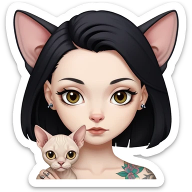 white girl with long black  straight hair and tattoos and  a Devon rex sticker