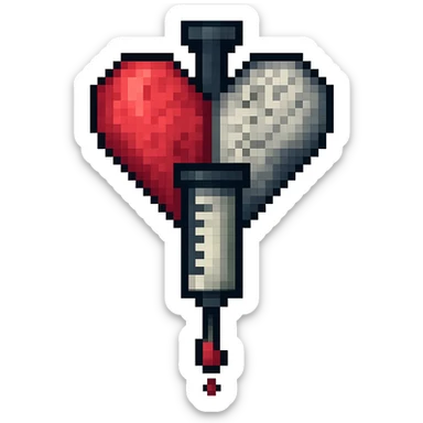 Add a blood drip coming from the syringe and heart. Keep the pixel art style and no background. sticker