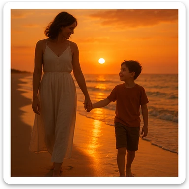 A mother and son walking hand in hand at the beach during sunset, warm colors, peaceful atmosphere sticker
