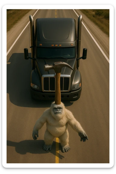 Add a hammer on top of the abominable snowman's head, keep the scene realistic, top-down view, no text. sticker