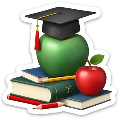 An icon featuring a chalkboard with educational equations, an apple, and a pencil, symbolizing pedagogy. The design includes a stack of books and a graduation cap, representing teaching and learning. Transparent background highlights the dedication to education and mentorship. sticker