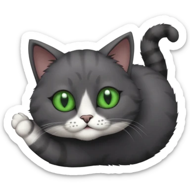 solid dark grey cat with green eyes, completely solid grey face, white toes/paws playing rolling upside down sticker
