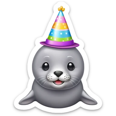 A cute gray seal with colorful birthday party hat, simple mobile emoji style sticker
