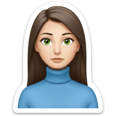43 year old Adult woman avatar, light skin tone, long, oval face, long straight ashy brown hair, green almond-shaped eyes with dramatic eyelashes and minimal eyeliner, neutral mouth, medium straight eyebrows, average nose, smooth skin,  sky blue turtle neck  sticker