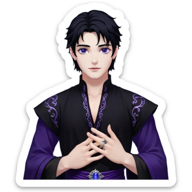 A strikingly handsome High Fae male with midnight-black hair, piercing violet eyes that glow under the moonlight. His lips curve into a knowing smirk, revealing a dangerous charm. He wears an elegant black tunic with silver embroidery, the fabric flowing like liquid shadow. A silver ring glints on his long fingers, and faint wisps of darkness swirl around his shoulders like living mist sticker