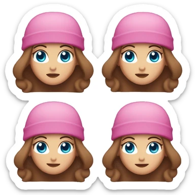 woman with blue eyes, long brown hair, and pink beanie sticker