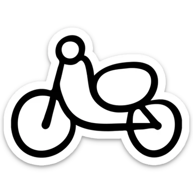 Hand-drawn motorcycle, simple side view with visible wheels, handlebars, and seat sticker