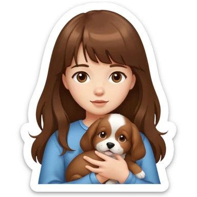 A girl with long brown hair and bangs holding a puppy sticker