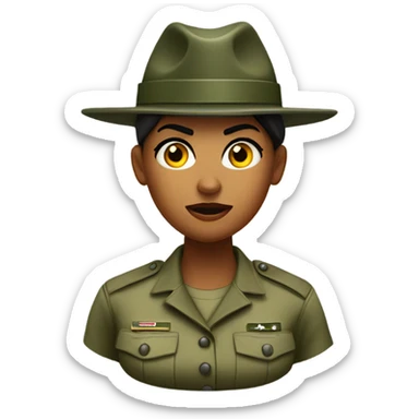a female drill sergeant character wearing a classic sergeant hat and a camouflage army shirt. The character should have an angry intense expression. full torso sticker