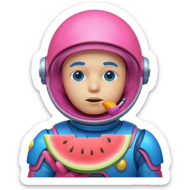 Neon pink and blue spaceman side eye eating melon looking suspicious sticker