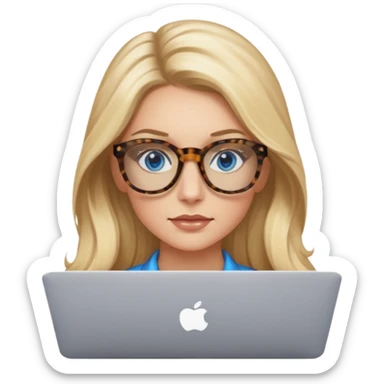  long blown out blonde hair woman blue eyes with tortoise shell print glasses on mac book  sticker